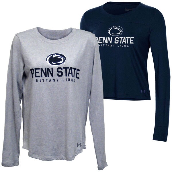 gray and navy women's long sleeve t-shirts with screened Athletic Logo over Penn State Nittany Lions